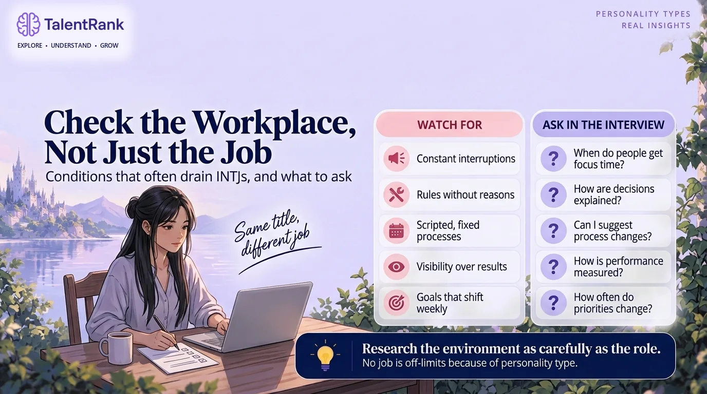 Use the right column in interviews to find out whether a workplace has the problems in the left column. Two-column checklist of workplace conditions that often drain INTJs and matching questions to ask in a job interview.