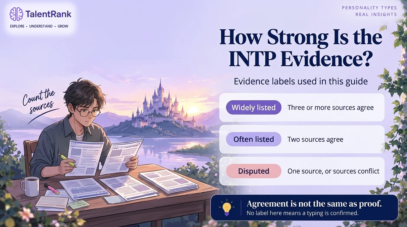 How this guide labels the evidence behind each INTP celebrity typing. Infographic of three evidence labels for INTP celebrity typings: widely listed by three or more sources, often listed by two, and disputed.
