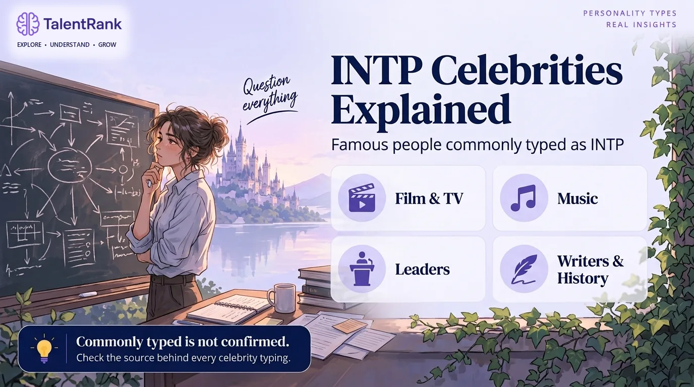 Illustrated thinker at a chalkboard beside cards for INTP celebrity groups: film and TV, music, leaders, and writers and history.