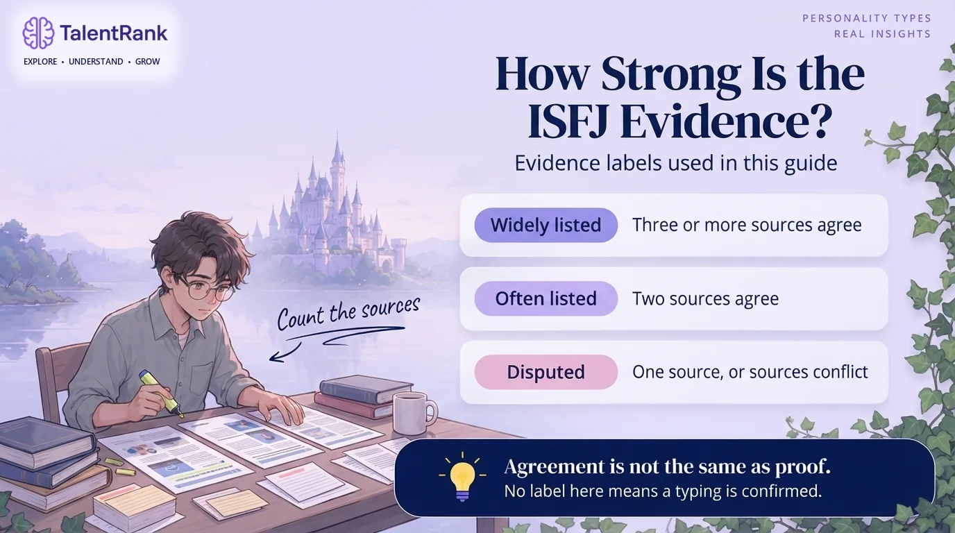 How this guide labels the evidence behind each ISFJ celebrity typing. Infographic of three evidence labels for ISFJ celebrity typings: widely listed by three or more sources, often listed by two, and disputed.
