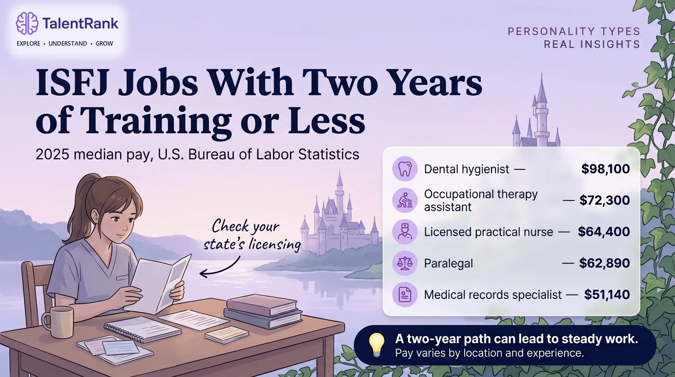 Several well-paid ISFJ careers start with an associate's degree or a one-year certificate. Chart of ISFJ-friendly jobs that start with two years of training or less, including dental hygienist, occupational therapy assistant, and licensed practical nurse, with 2025 median pay.