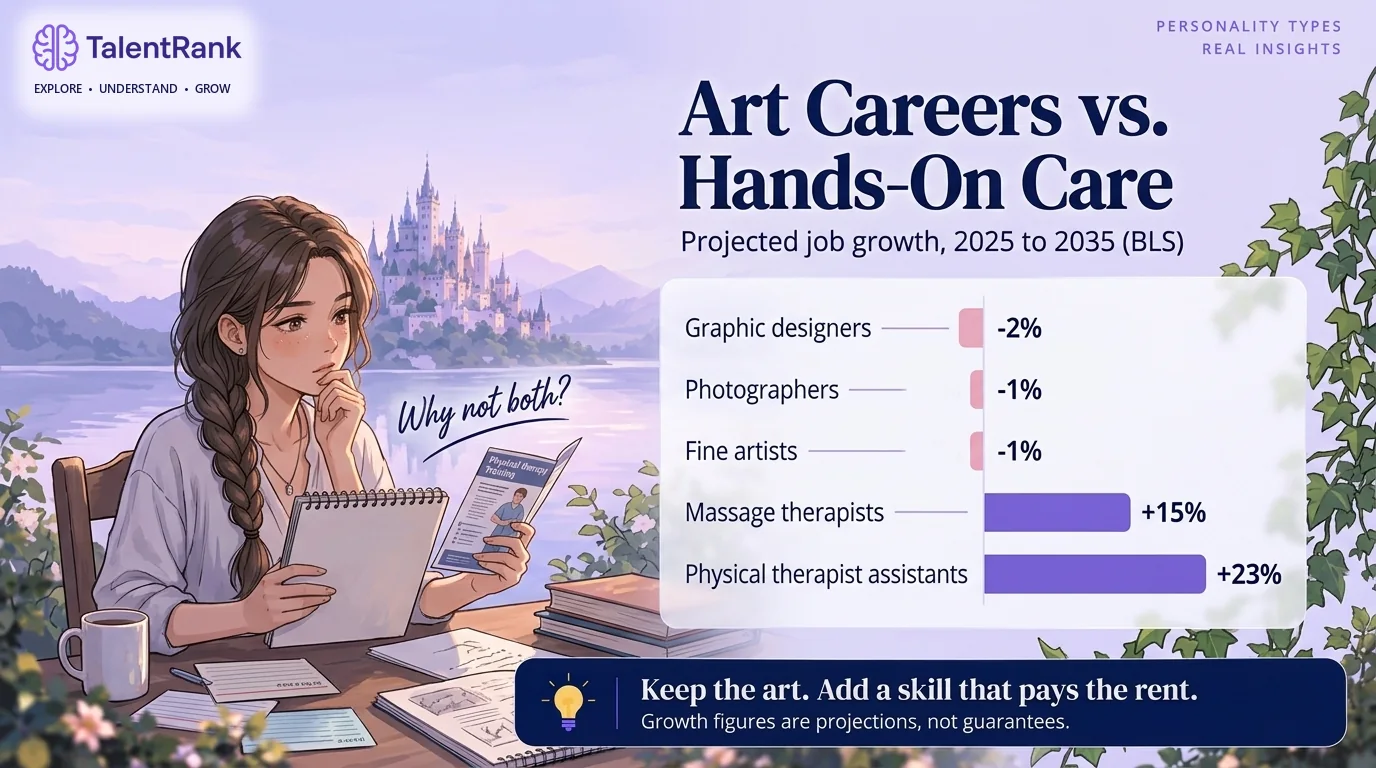 BLS projections show why many ISFPs pair creative work with a steady, growing skill. Comparison of projected 2025 to 2035 job growth: graphic designers, photographers, and fine artists declining, while physical therapist assistants and massage therapists grow quickly.