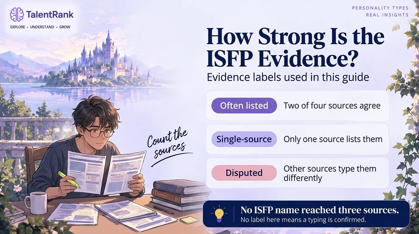 Infographic of the three evidence labels used for ISFP celebrity typings: often listed by two of four sources, single-source, and disputed.