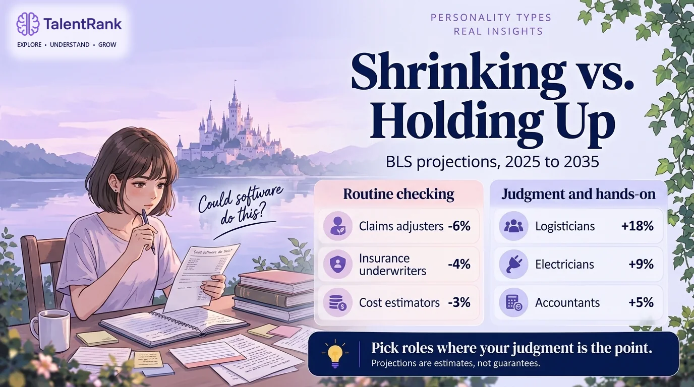 Routine checking is shrinking; roles built on judgment and hands-on work are holding up better. Comparison of detail-focused jobs projected to shrink, such as claims adjusters and insurance underwriters, versus judgment-based roles holding up, such as auditors, inspectors, and electricians.