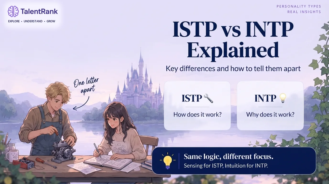 Illustrated comparison of an ISTP fixing an engine and an INTP sketching a theory, with the shared letters I, T, and P and the differing S and N.