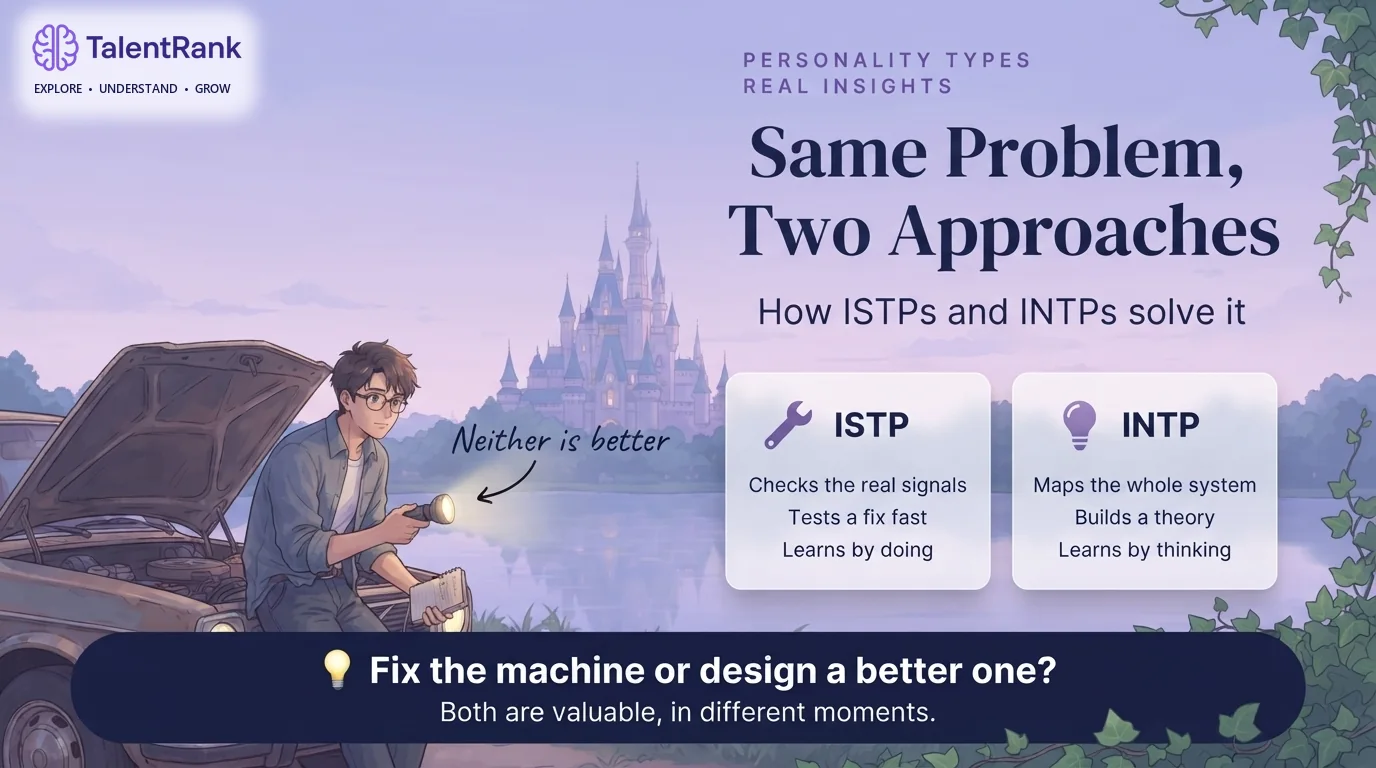 The same problem, two approaches: hands-on troubleshooting versus theory first. Side-by-side comparison of how ISTPs and INTPs approach problems: ISTP asks how it works and acts fast; INTP asks why it works and builds a model.