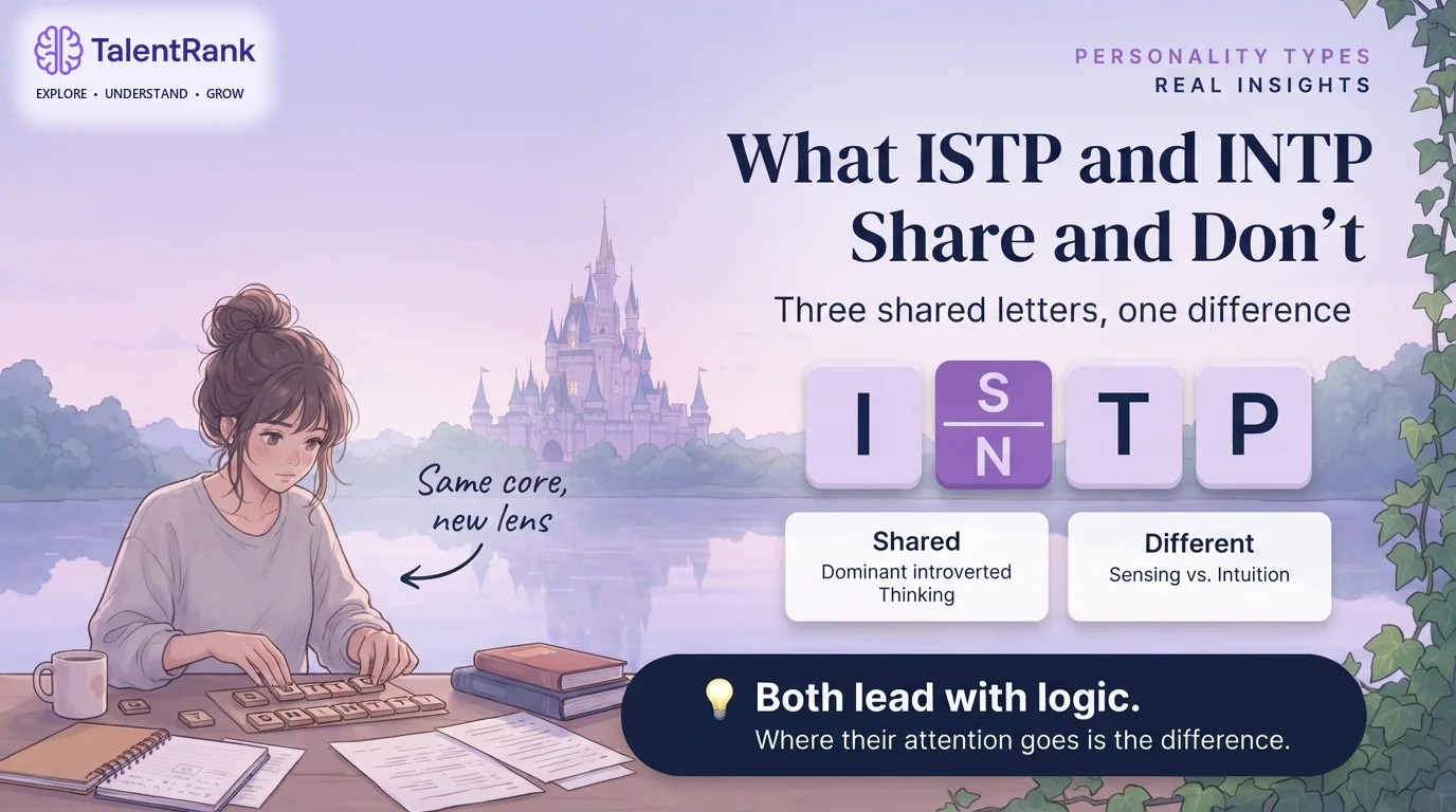Three shared letters and one difference: Sensing for ISTP, Intuition for INTP. Infographic showing ISTP and INTP share Introversion, Thinking, and Perceiving plus dominant introverted Thinking, and differ on Sensing versus Intuition.