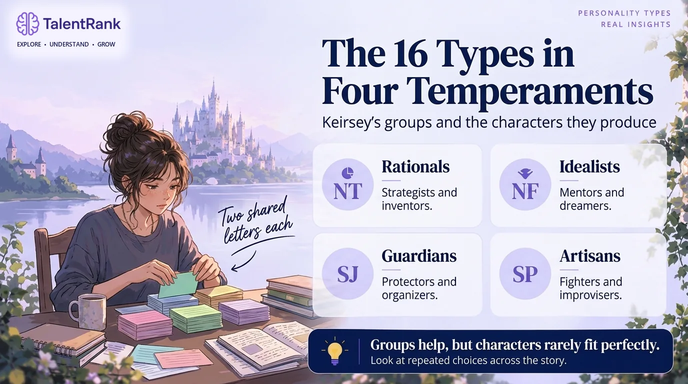 The 16 types grouped into Keirsey's four temperaments, with the kind of character each group tends to produce. Infographic grouping the 16 MBTI types into four temperaments: Rationals (NT), Idealists (NF), Guardians (SJ), and Artisans (SP), with the kind of fictional character each tends to describe.