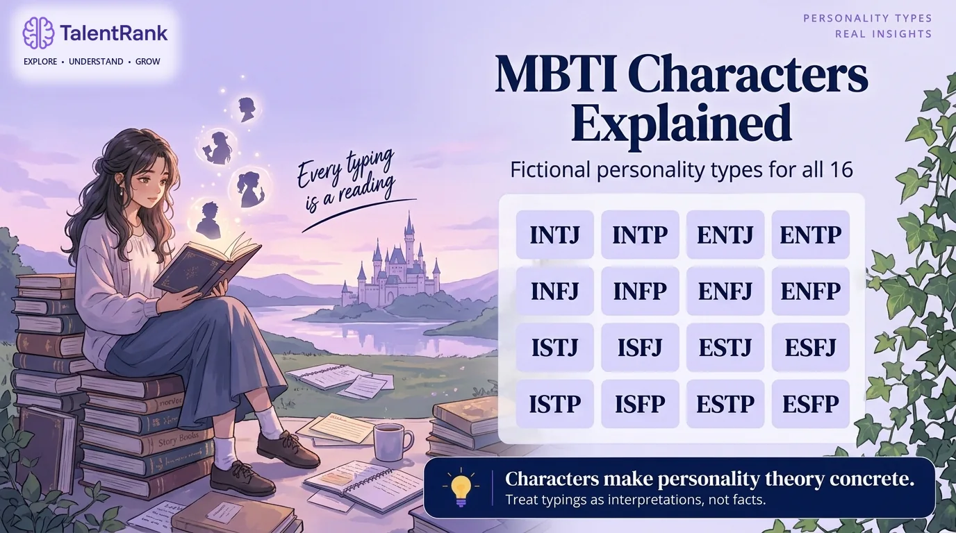 Original illustrated reader surrounded by story books beside a grid of all 16 MBTI personality types.