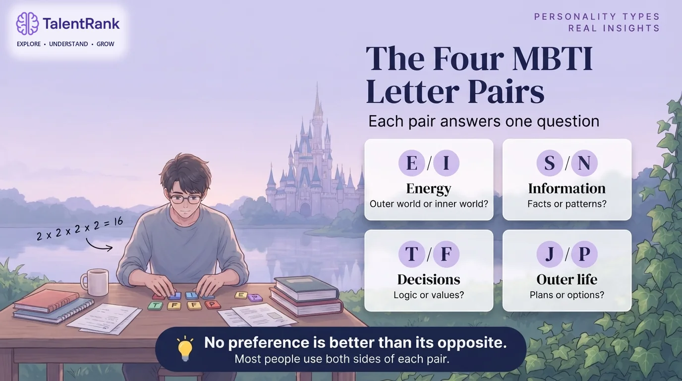 Each MBTI letter pair answers one question about how you prefer to operate. Infographic of the four MBTI letter pairs and the question each answers: energy (E or I), information (S or N), decisions (T or F), and outer world (J or P).