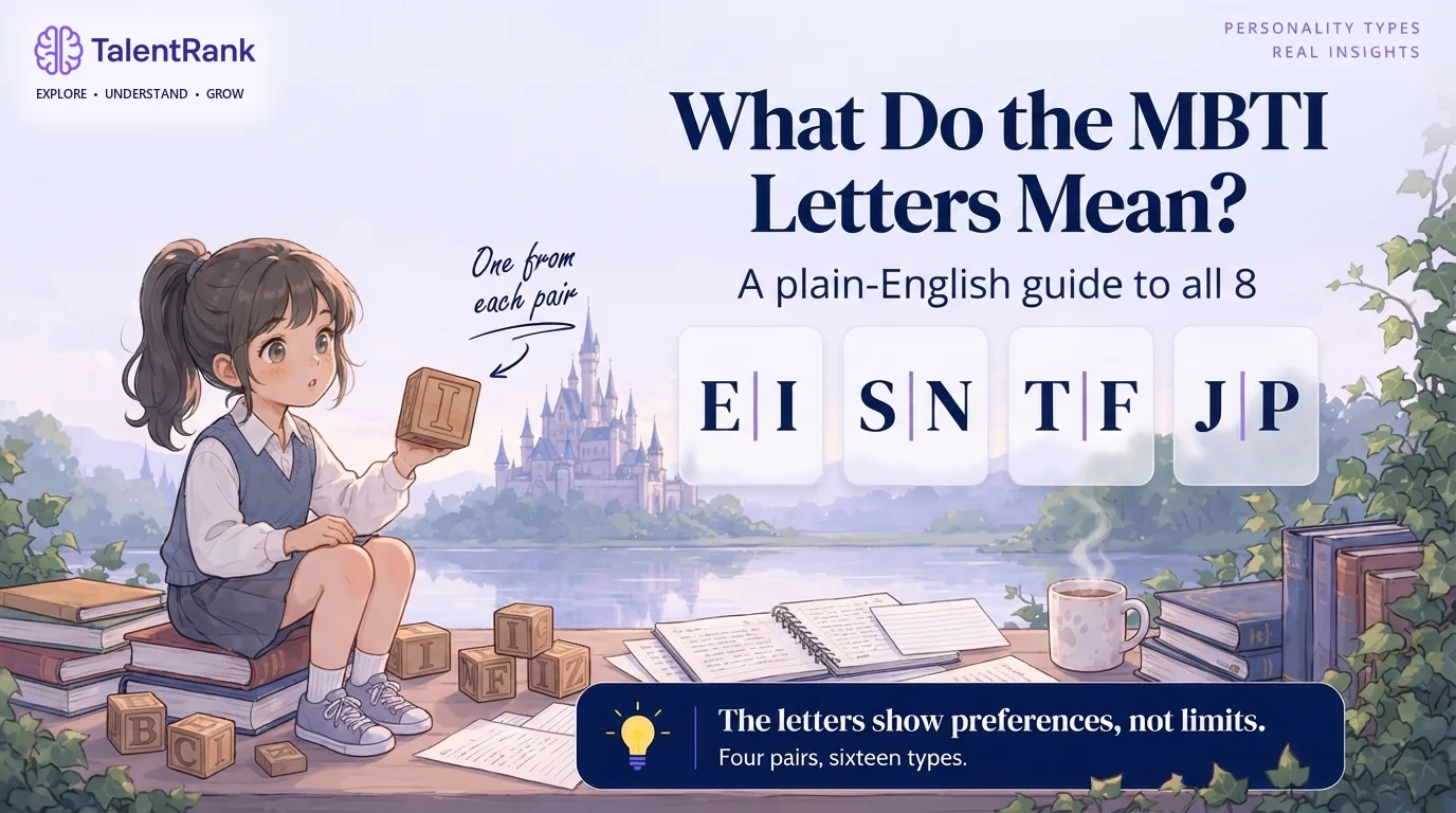 Illustrated guide to the eight MBTI letters arranged in four pairs: E and I, S and N, T and F, and J and P.