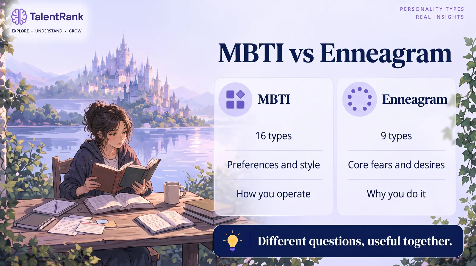 Side-by-side cards comparing MBTI, which describes style through 16 types, with the Enneagram, which describes motive through 9 types.