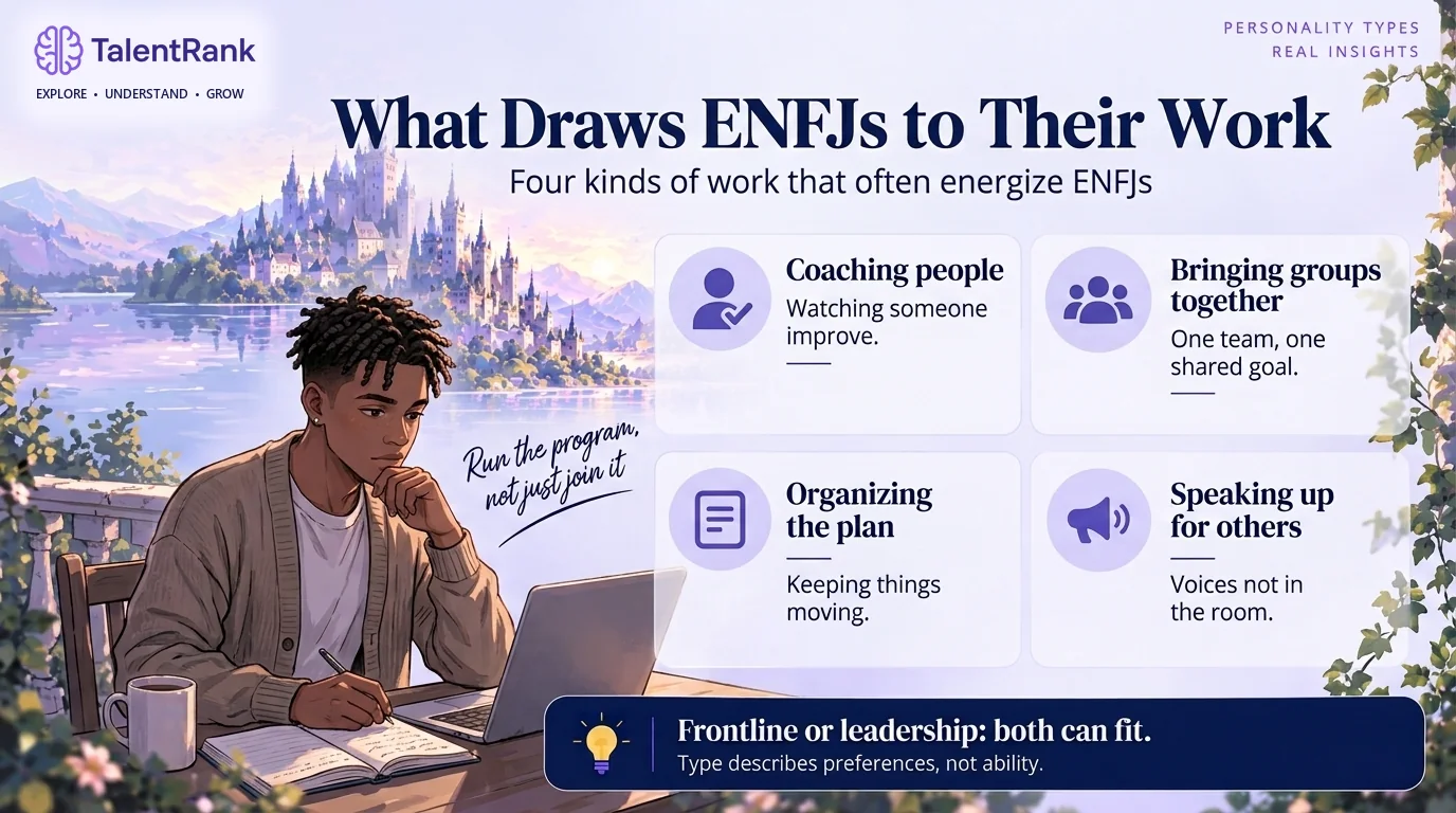 Four kinds of work that often energize people with ENFJ preferences. Infographic of four things ENFJs often enjoy at work: coaching people, bringing groups together, organizing the plan, and speaking up for others.
