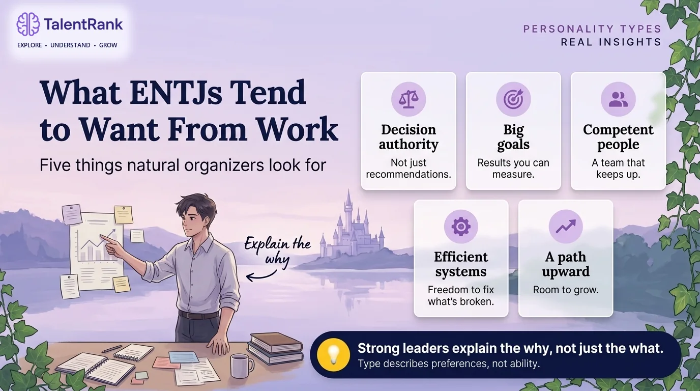 Five things ENTJs often look for in a role, and why fit depends on more than the title. Infographic of five things ENTJs tend to want from work: decision authority, big measurable goals, competent teammates, efficient systems, and a visible path upward.