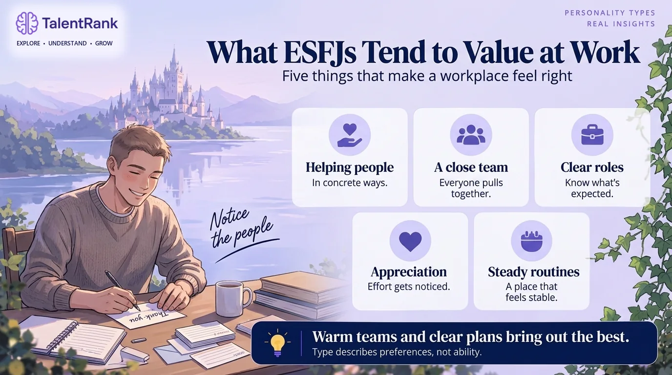 Five things that often make work feel right for people with ESFJ preferences. Infographic of five things ESFJs tend to value at work: helping people, a team that pulls together, clear roles, appreciation, and steady routines.
