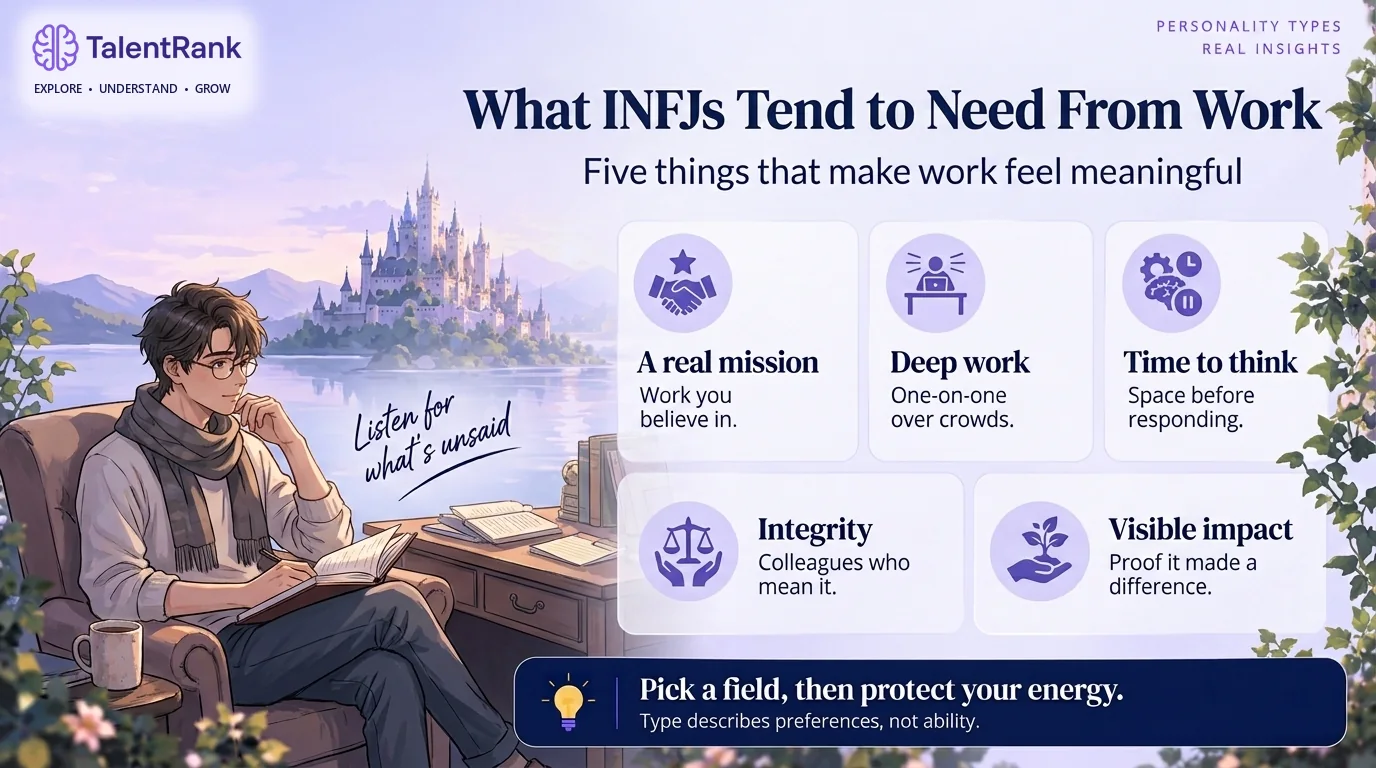 Five things that often make work feel meaningful for people with INFJ preferences. Infographic of five things INFJs tend to need from work: a mission they believe in, deep one-on-one work, time to think, colleagues with integrity, and visible impact.