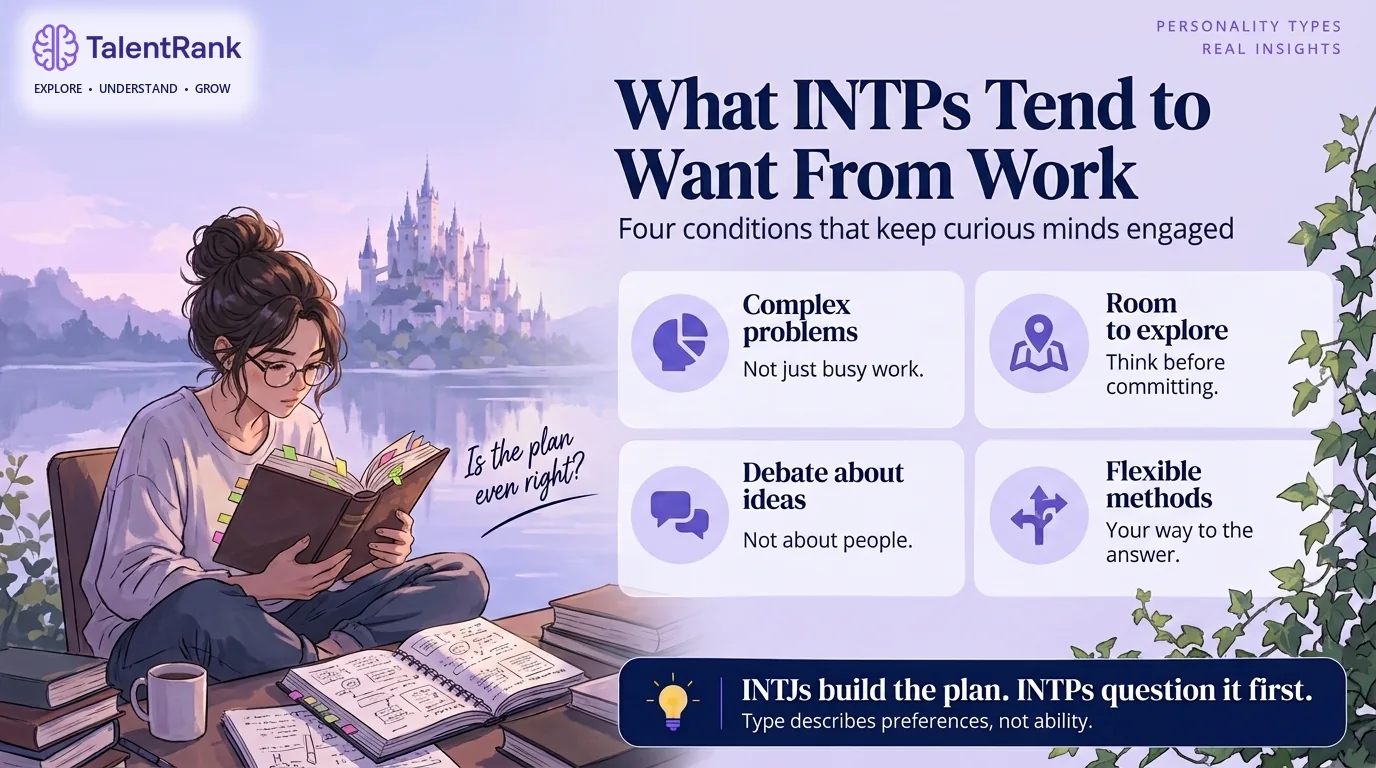Four conditions that tend to keep INTPs engaged, whatever the job title. Infographic of four things INTPs tend to want from work: complex problems, freedom to explore, colleagues who debate ideas, and flexible methods.