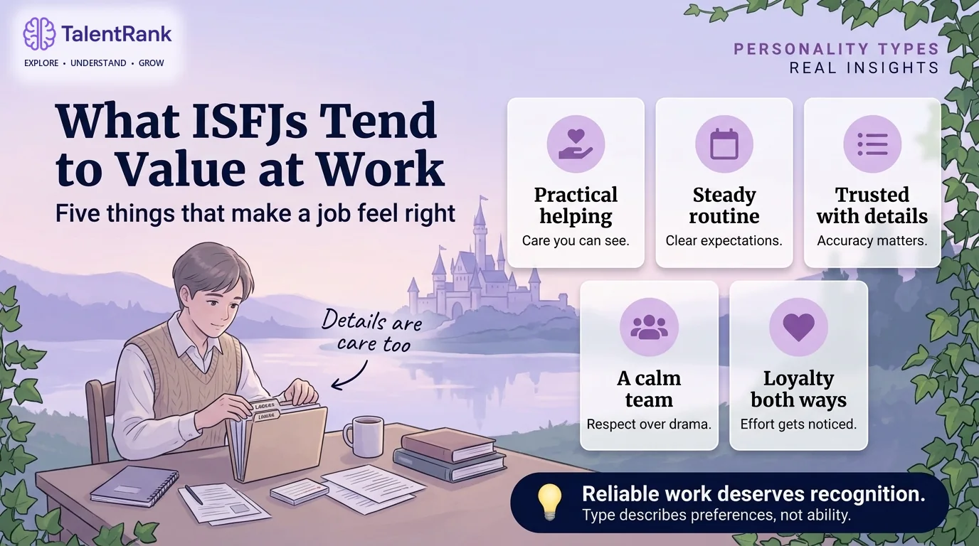 Five things that often make work feel right for people with ISFJ preferences. Infographic of five things ISFJs tend to value at work: practical helping, a steady routine, being trusted with details, a calm team, and loyalty both ways.