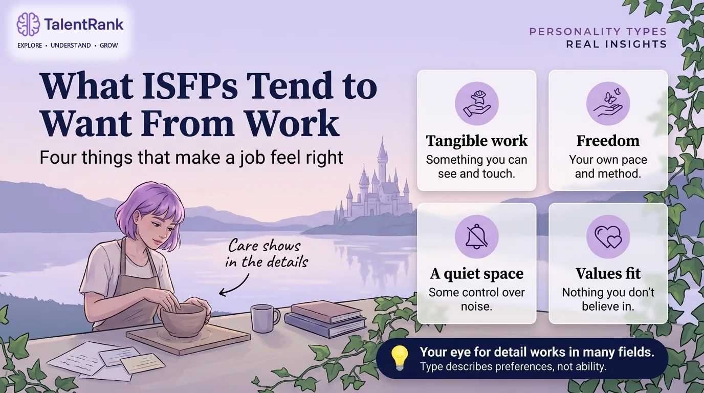 Four things that often make work feel right for people with ISFP preferences. Infographic of four things ISFPs tend to want from work: tangible work, freedom in how and when, a quiet space, and work that fits their values.