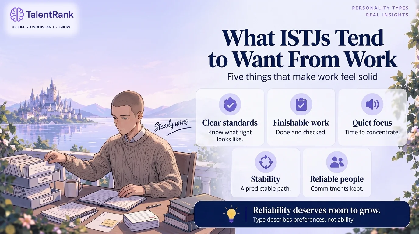 Five things that often make work feel right for people with ISTJ preferences. Infographic of five things ISTJs tend to want from work: clear standards, work they can finish and check, quiet focus time, stability, and reliable colleagues.
