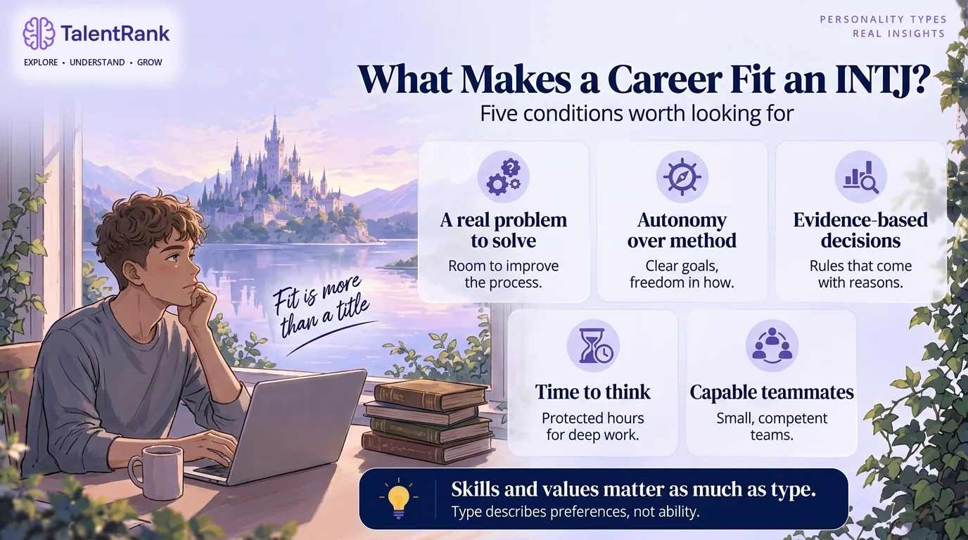 Five conditions worth looking for in any INTJ career, whatever the job title. Infographic of five conditions that make a career fit an INTJ: a real problem to solve, autonomy over method, evidence-based decisions, time to think, and capable teammates.