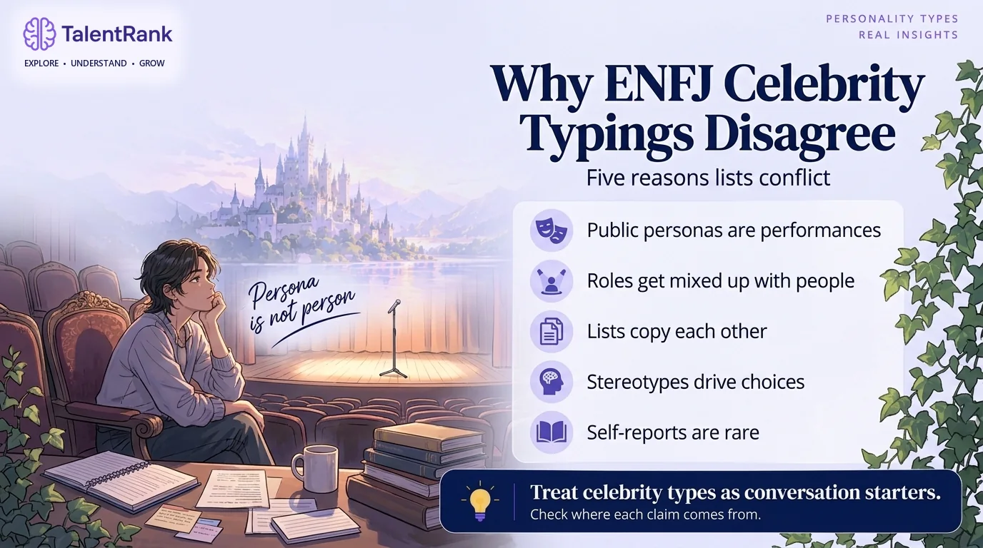 Five reasons the same celebrity can appear under different types. Checklist of five reasons ENFJ celebrity typings disagree: managed public images, roles confused with people, copied lists, stereotypes, and rare self-reports.