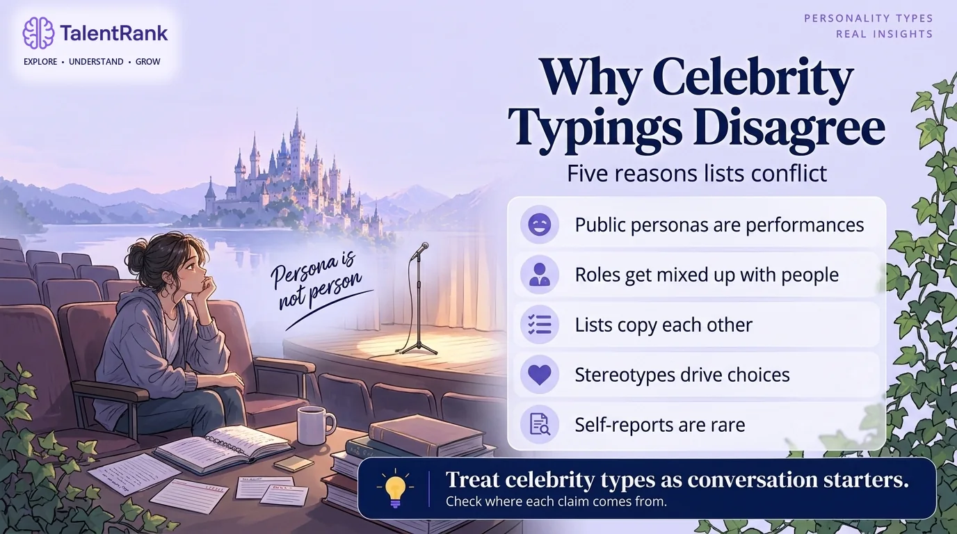 Five reasons the same celebrity can appear under different types. Checklist of five reasons celebrity MBTI typings disagree: public personas, roles confused with people, copied lists, stereotypes, and rare self-reports.