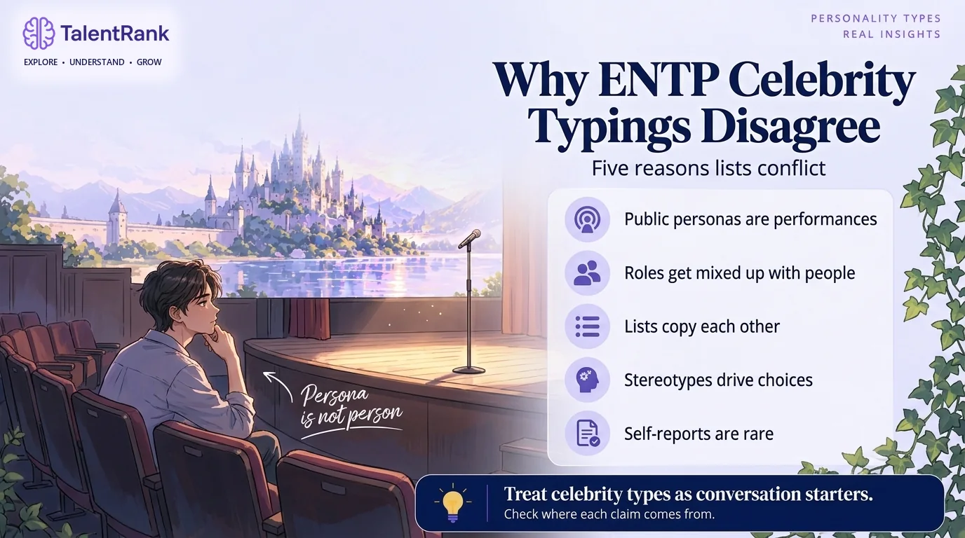 Checklist of five reasons ENTP celebrity typings disagree: public personas, roles confused with people, copied lists, stereotypes, and rare self-reports.