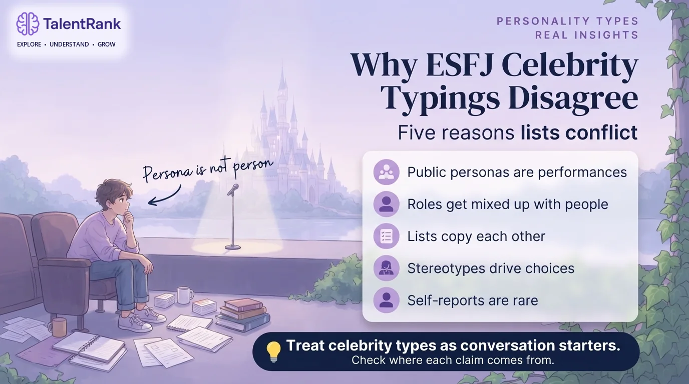 Checklist of five reasons ESFJ celebrity typings disagree: public personas, roles confused with people, copied lists, stereotypes, and rare self-reports.
