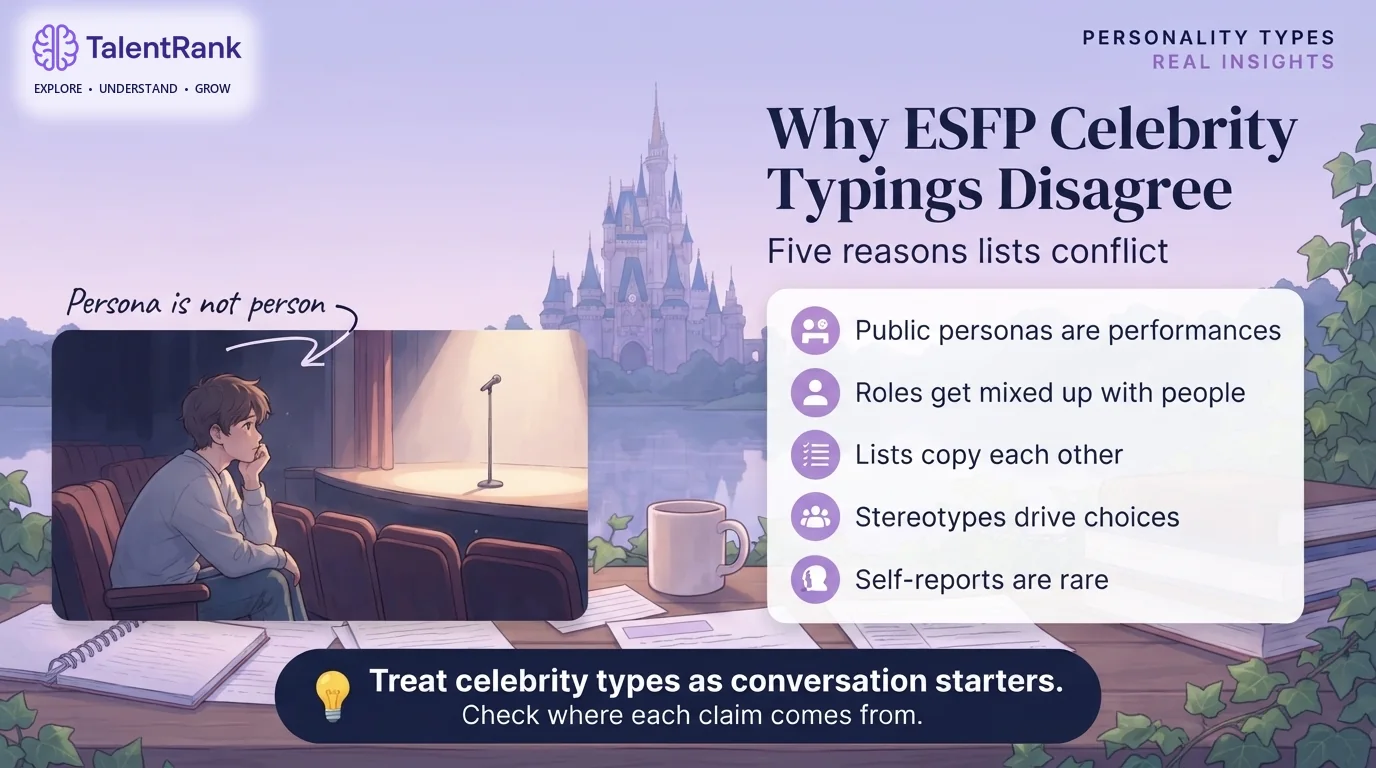 Checklist of five reasons ESFP celebrity typings disagree: public personas, roles confused with people, copied lists, stereotypes, and rare self-reports.