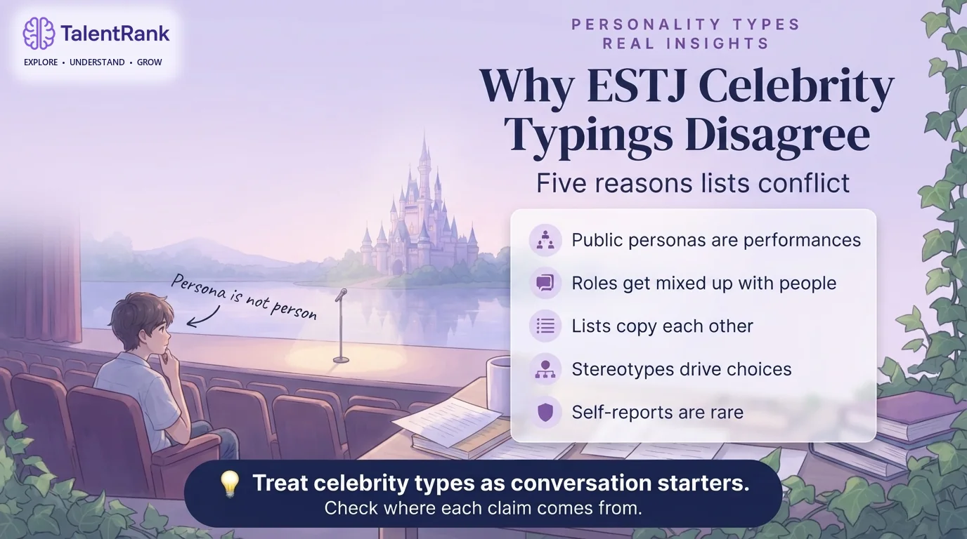 Checklist of five reasons ESTJ celebrity typings disagree: public personas, roles confused with people, copied lists, stereotypes, and rare self-reports.