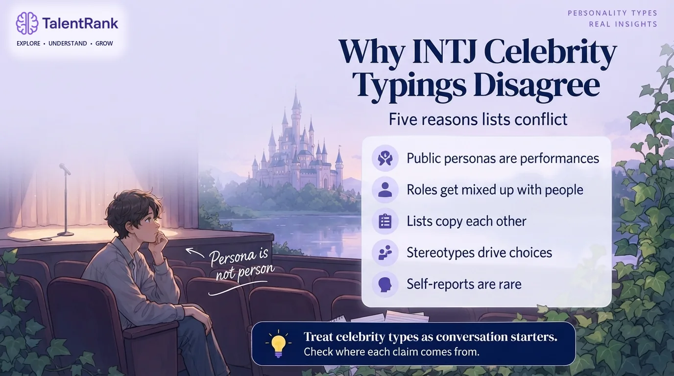 Checklist of five reasons INTJ celebrity typings disagree: public personas, roles confused with people, copied lists, stereotypes, and rare self-reports.