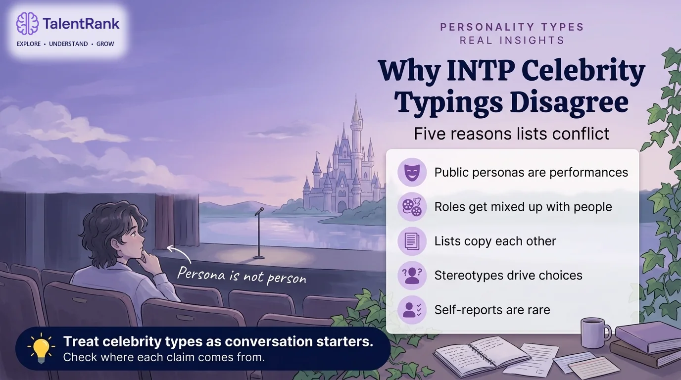 Five reasons the same famous person can appear under different types. Checklist of five reasons INTP celebrity typings disagree: public personas, roles confused with people, copied lists, stereotypes, and rare self-reports.