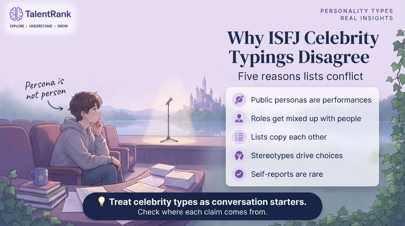 Five reasons the same famous person can appear under different types. Checklist of five reasons ISFJ celebrity typings disagree: public personas, roles confused with people, copied lists, stereotypes, and rare self-reports.
