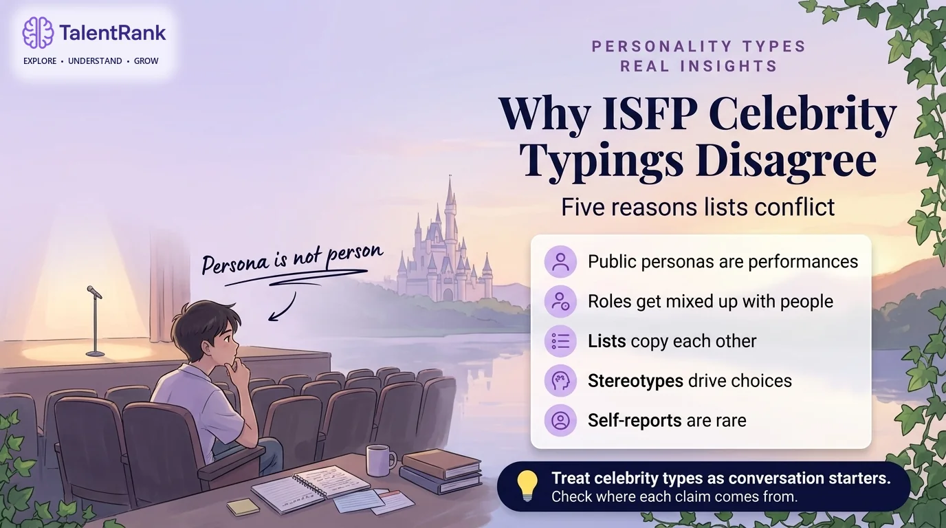 Checklist of five reasons ISFP celebrity typings disagree: public personas, roles confused with people, copied lists, stereotypes, and rare self-reports.